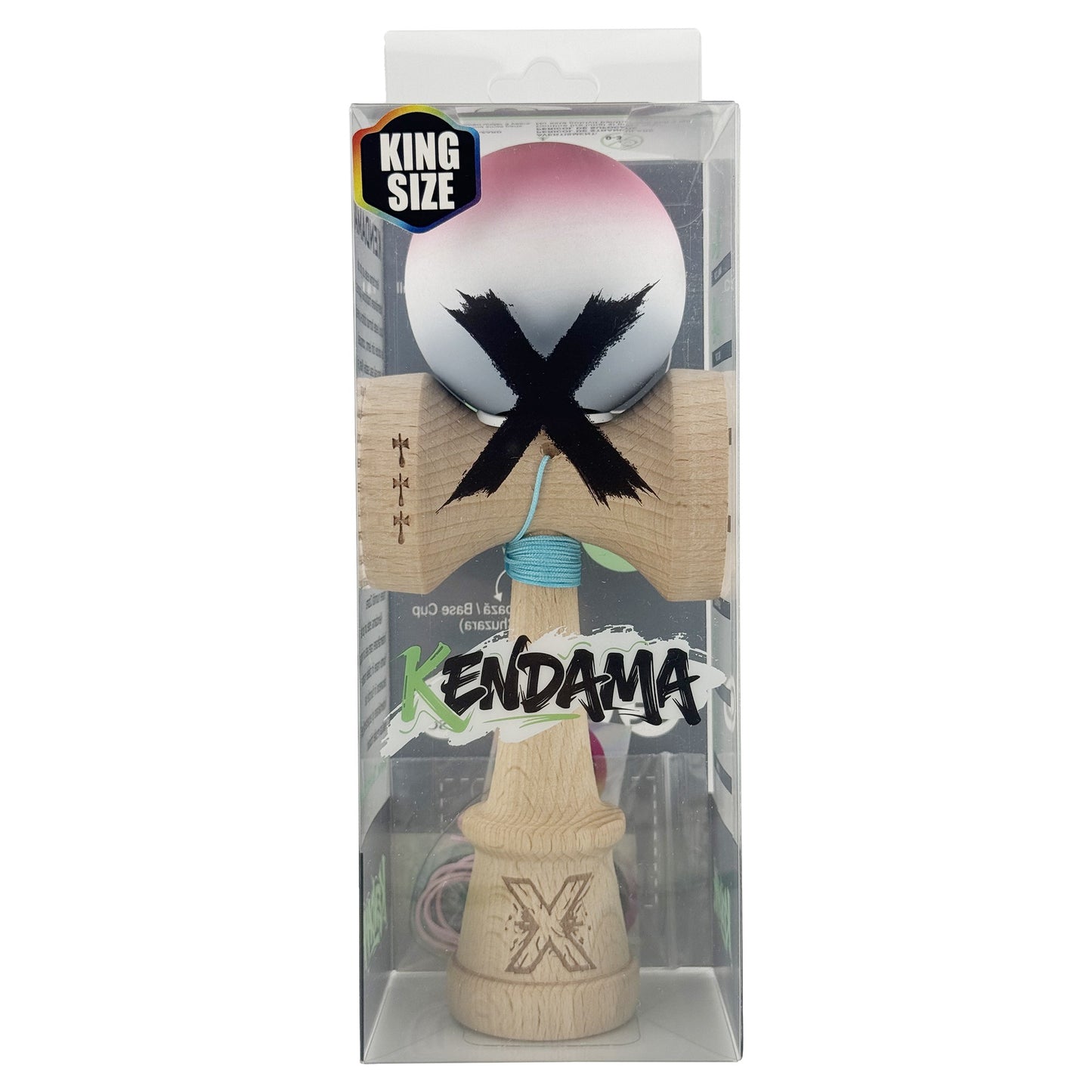 Kendama X Originala, Model V3 Roz / Alb / Gri in Degrade, Profesionala, Cupe Mari King Size, Rubber Grip, Gaura in Baza, Rulment, Ata 62cm