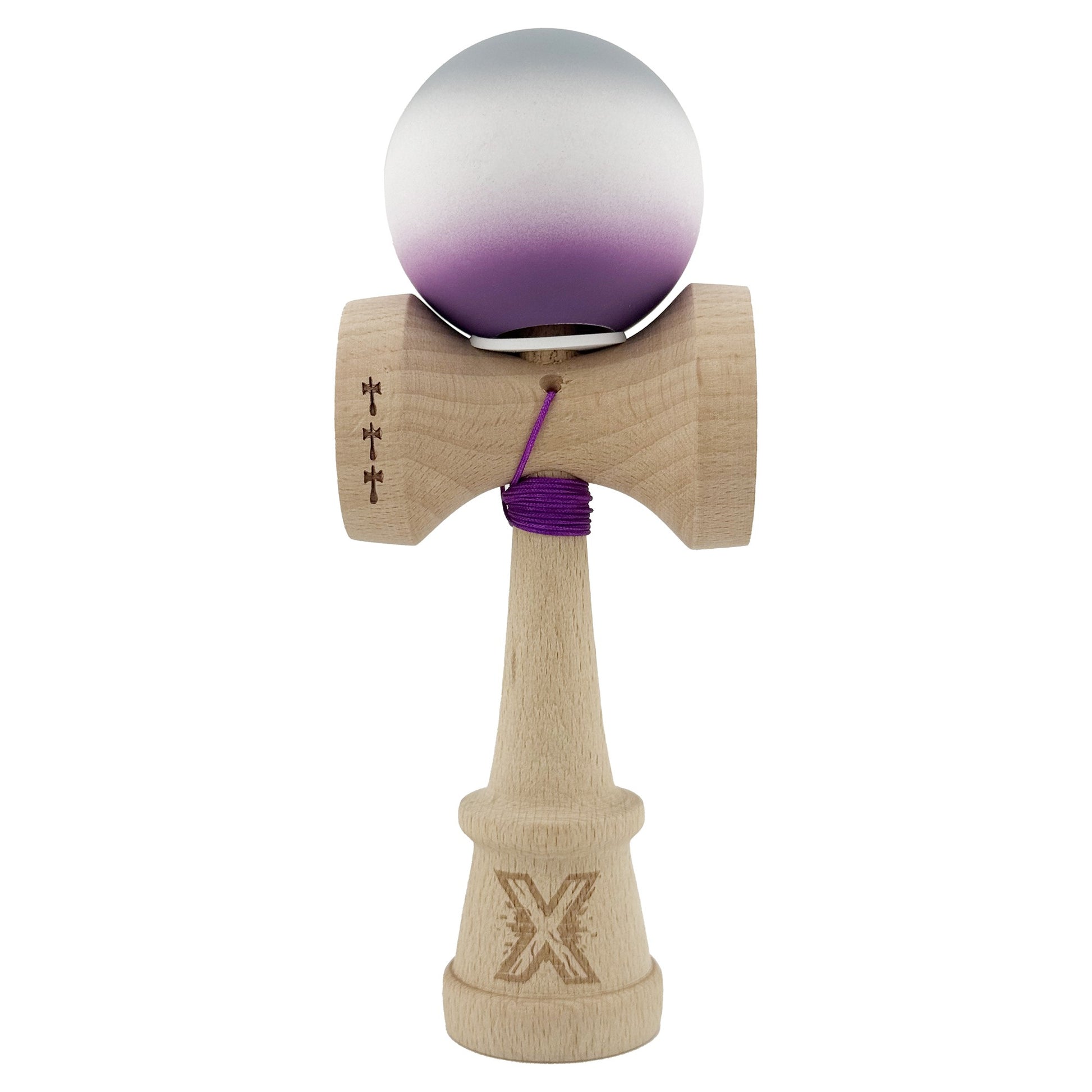Kendama X Originala, Model V3 Gri / Alb / Mov in Degrade, Profesionala, Cupe Mari King Size, Rubber Grip, Gaura in Baza, Rulment, Ata 62cm