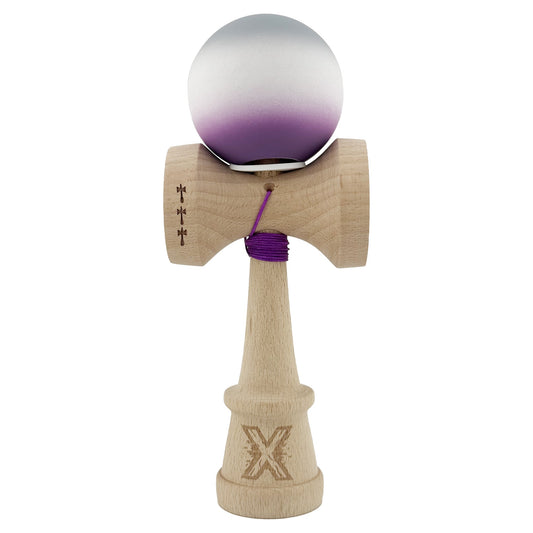 Kendama X Originala, Model V3 Gri / Alb / Mov in Degrade, Profesionala, Cupe Mari King Size, Rubber Grip, Gaura in Baza, Rulment, Ata 62cm