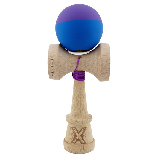 Kendama X Originala, Model V3 Mov / Albastru, Profesionala, Cupe Mari King Size, Rubber Grip, Gaura in Baza, Rulment, Ata 62cm