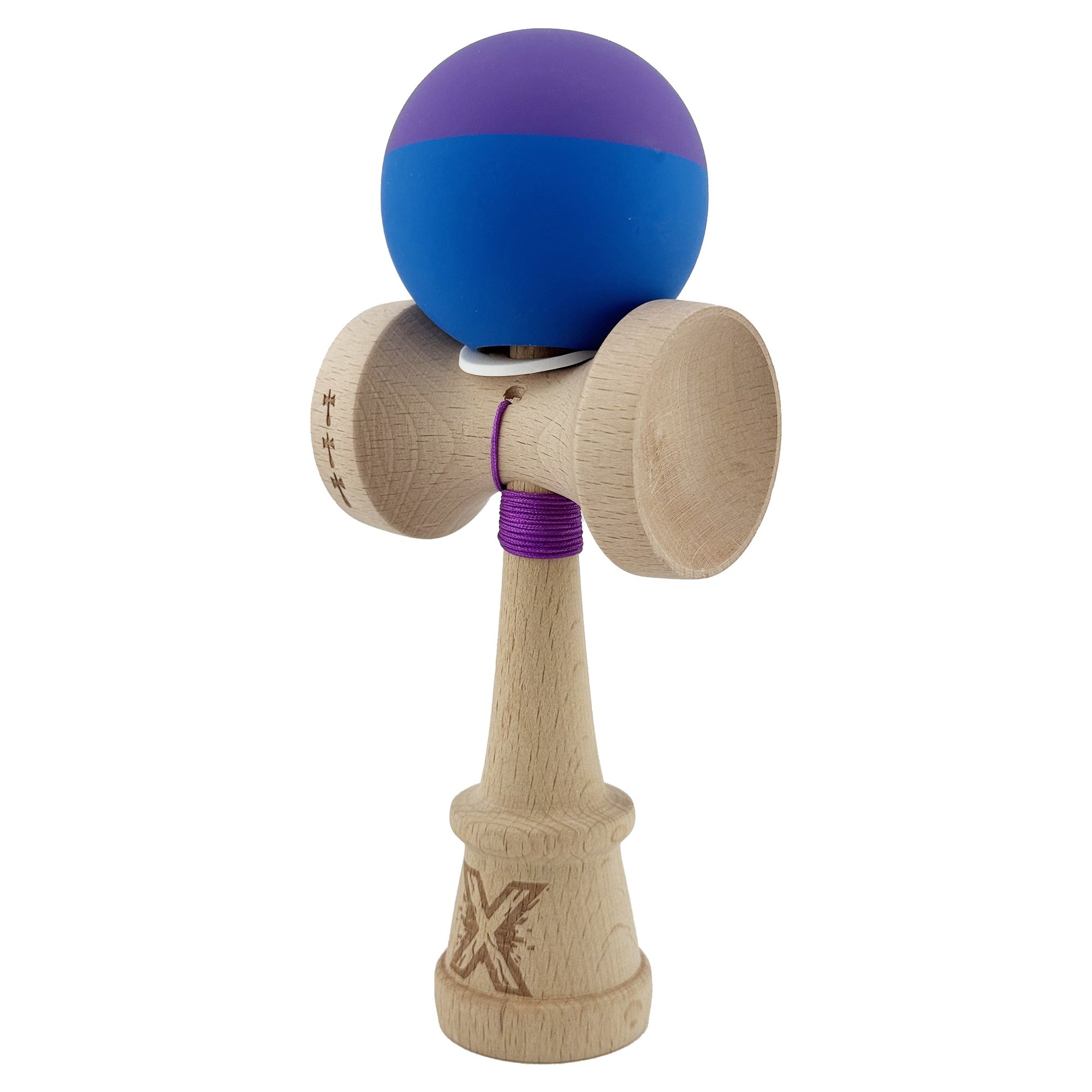 Kendama X Originala, Model V3 Mov / Albastru, Profesionala, Cupe Mari King Size, Rubber Grip, Gaura in Baza, Rulment, Ata 62cm