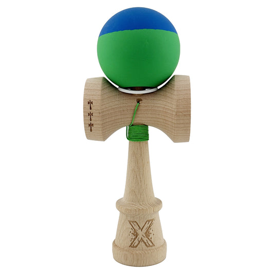 Kendama X Originala, Model V3 Albastru / Verde, Profesionala, Cupe Mari King Size, Rubber Grip, Gaura in Baza, Rulment, Ata 62cm