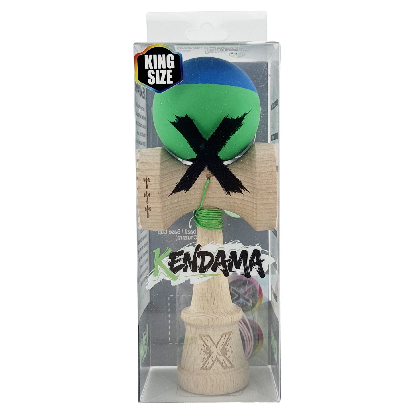 Kendama X Originala, Model V3 Albastru / Verde, Profesionala, Cupe Mari King Size, Rubber Grip, Gaura in Baza, Rulment, Ata 62cm