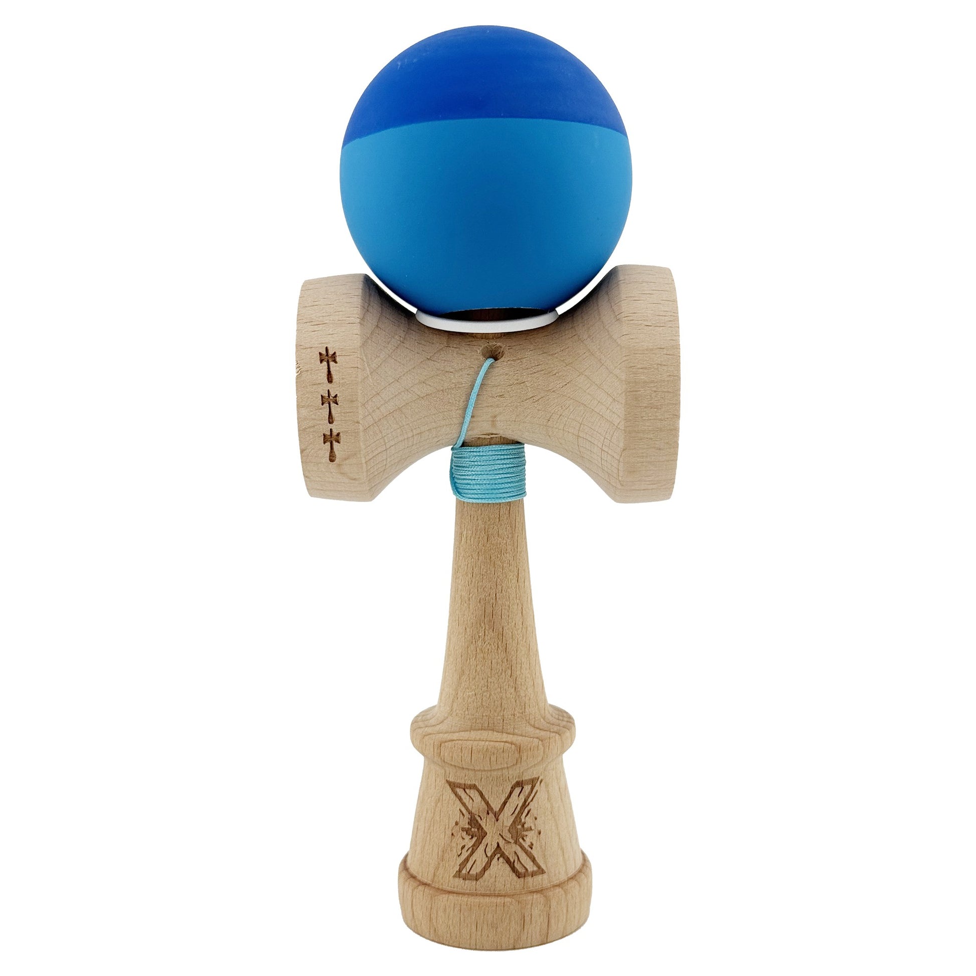 Kendama X Originala, Model V3 Albastru Inchis / Albastru, Profesionala, Cupe Mari King Size, Rubber Grip, Gaura in Baza, Rulment, Ata 62cm