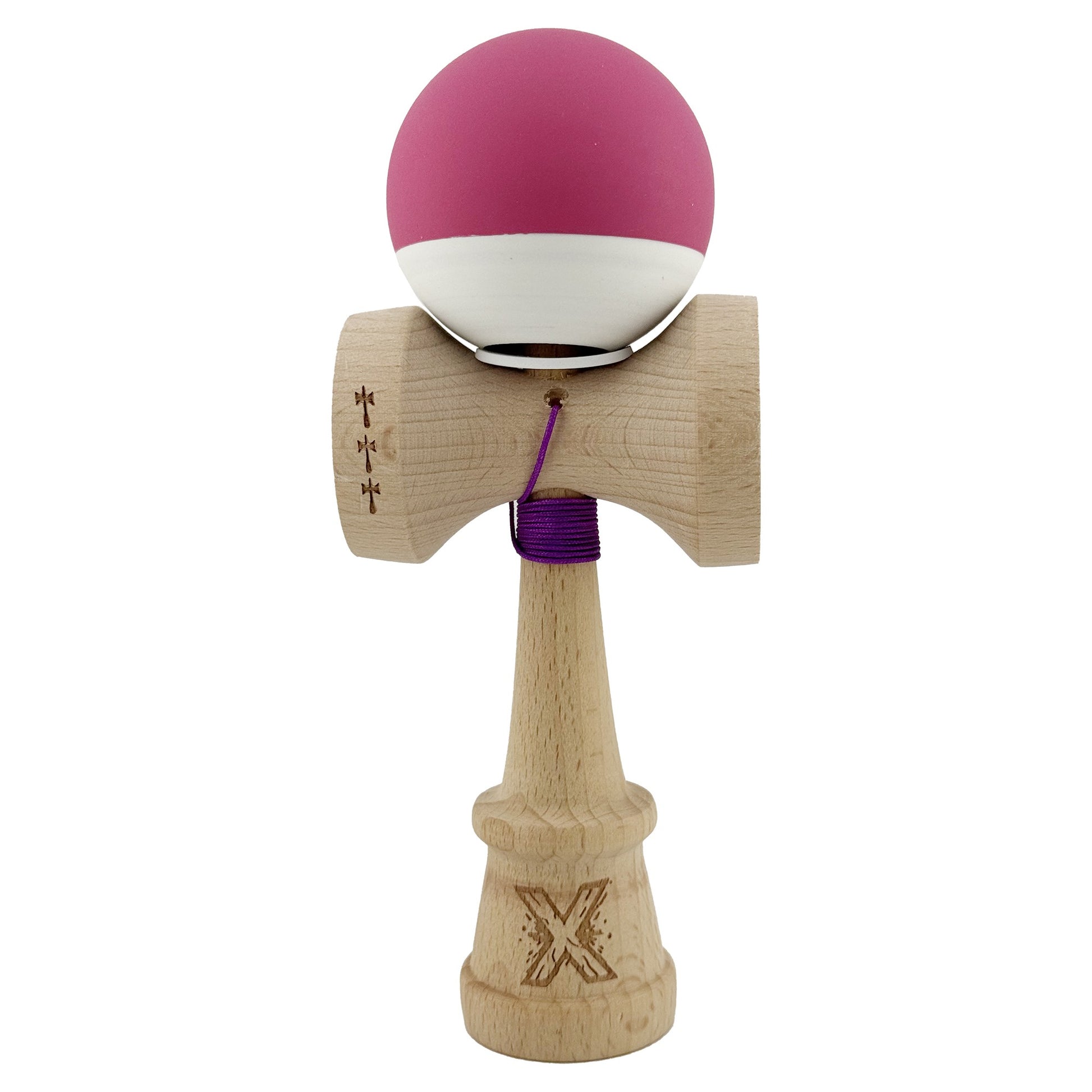 Kendama X Originala, Model V3 Roz / Alb, Profesionala, Cupe Mari King Size, Rubber Grip, Gaura in Baza, Rulment, Ata 62cm