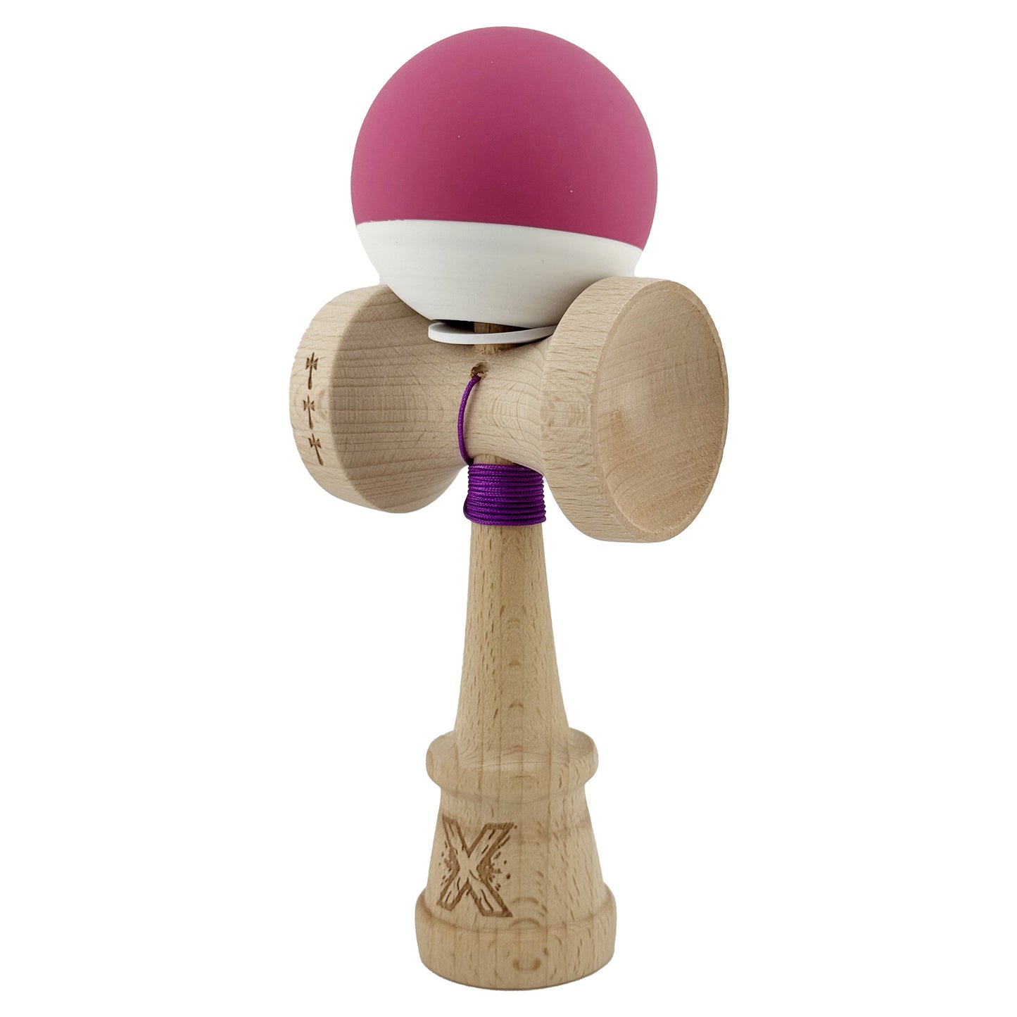 Kendama X Originala, Model V3 Roz / Alb, Profesionala, Cupe Mari King Size, Rubber Grip, Gaura in Baza, Rulment, Ata 62cm