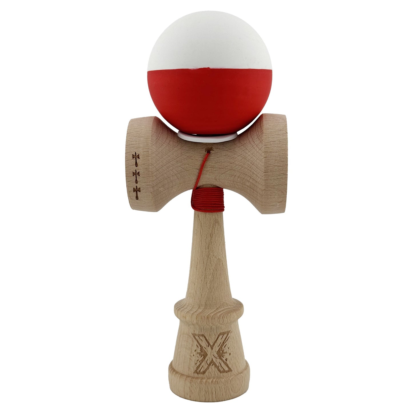 Kendama X Originala, Model V3 Alb / Rosu, Profesionala, Cupe Mari King Size, Rubber Grip, Gaura in Baza, Rulment, Ata 62cm