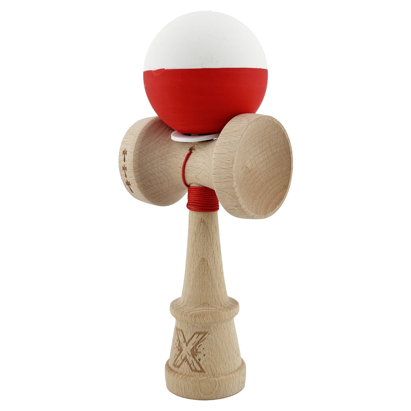 Kendama X Originala, Model V3 Alb / Rosu, Profesionala, Cupe Mari King Size, Rubber Grip, Gaura in Baza, Rulment, Ata 62cm