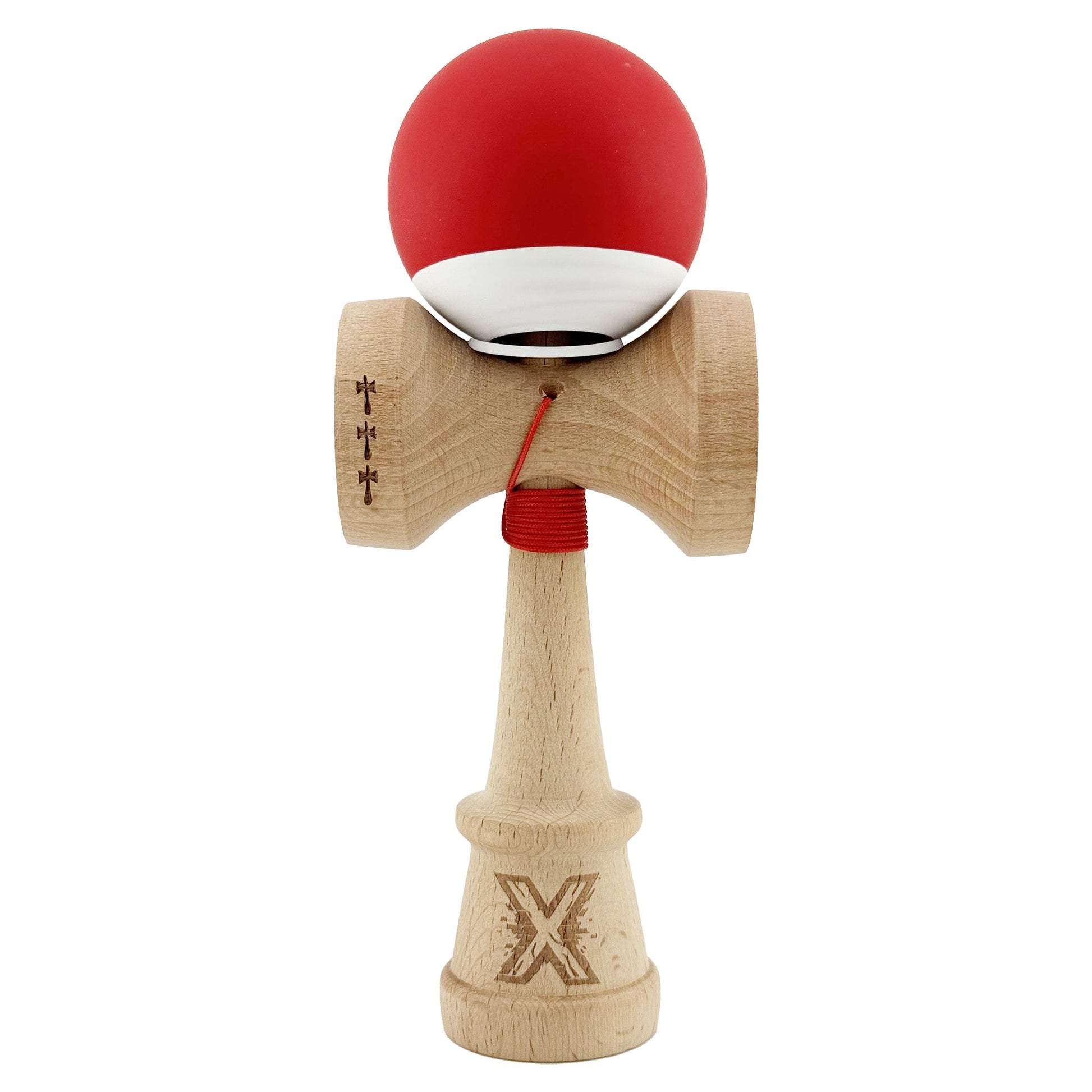 Kendama X Originala, Model V3 Rosu / Alb, Profesionala, Cupe Mari King Size, Rubber Grip, Gaura in Baza, Rulment, Ata 62cm