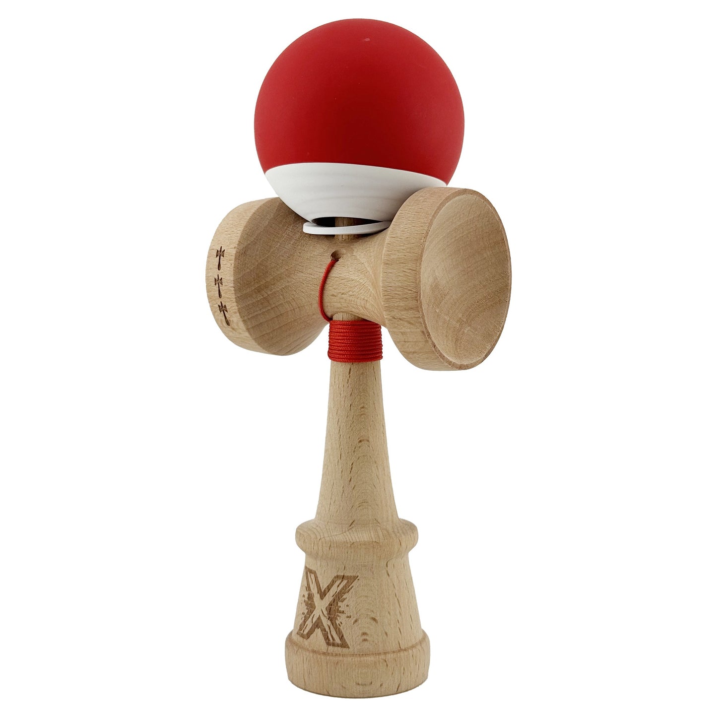 Kendama X Originala, Model V3 Rosu / Alb, Profesionala, Cupe Mari King Size, Rubber Grip, Gaura in Baza, Rulment, Ata 62cm