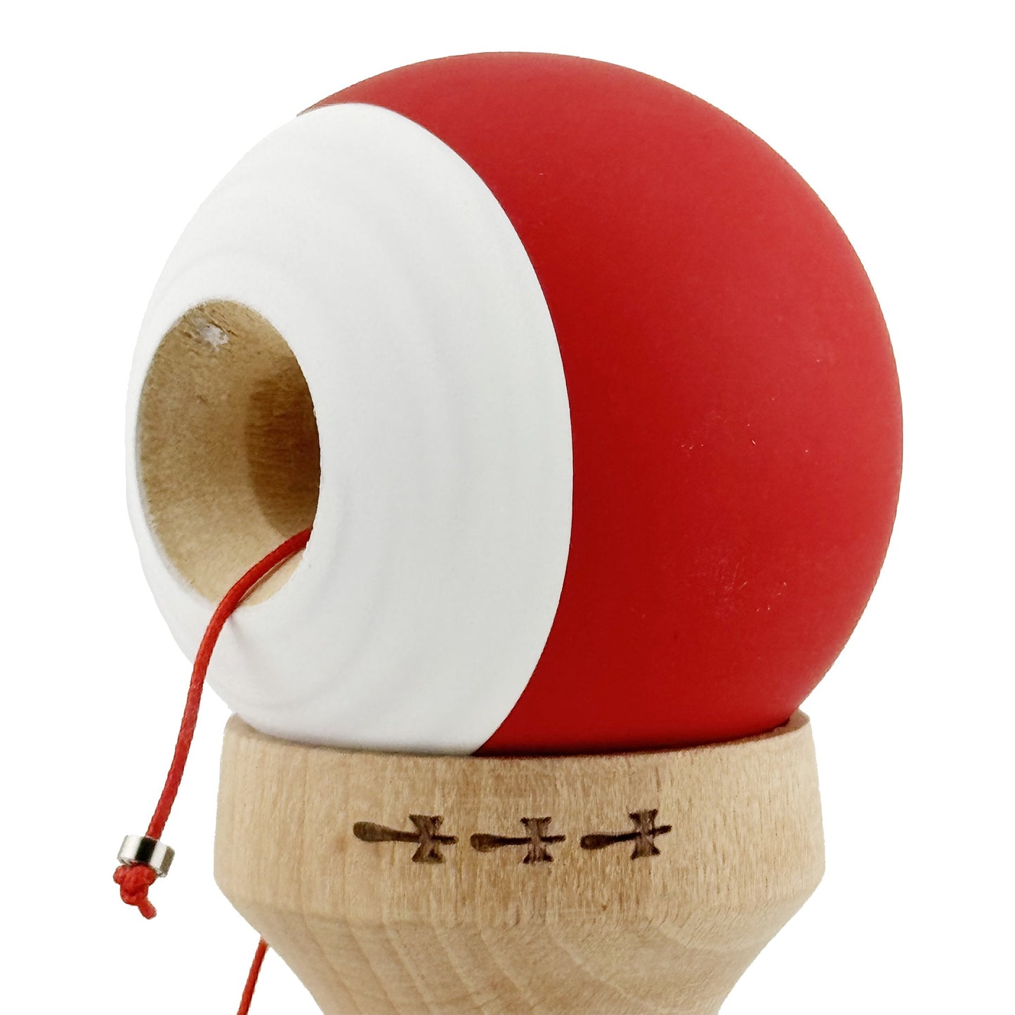 Kendama X Originala, Model V3 Rosu / Alb, Profesionala, Cupe Mari King Size, Rubber Grip, Gaura in Baza, Rulment, Ata 62cm