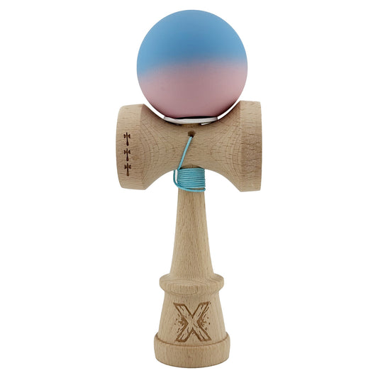 Kendama X Originala, Model V3 Albastru / Roz in Degrade, Profesionala, Cupe Mari King Size, Rubber Grip, Gaura in Baza, Rulment, Ata 62cm