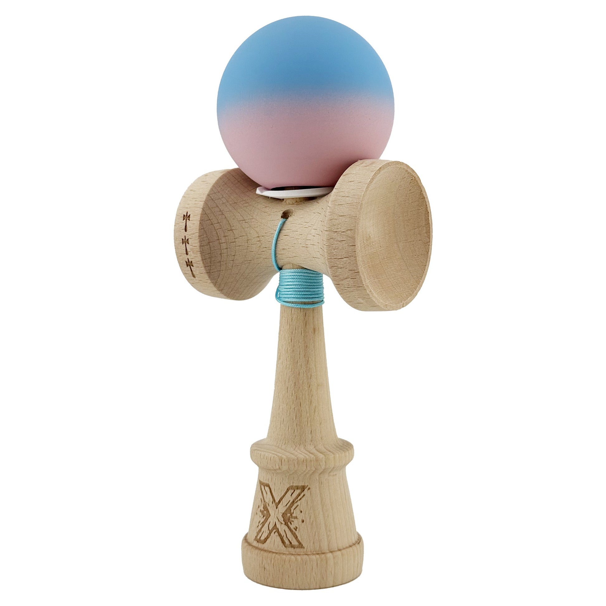 Kendama X Originala, Model V3 Albastru / Roz in Degrade, Profesionala, Cupe Mari King Size, Rubber Grip, Gaura in Baza, Rulment, Ata 62cm