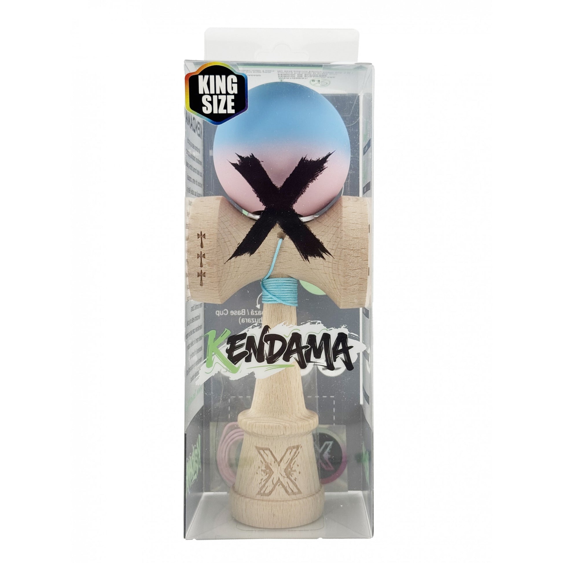 Kendama X Originala, Model V3 Albastru / Roz in Degrade, Profesionala, Cupe Mari King Size, Rubber Grip, Gaura in Baza, Rulment, Ata 62cm