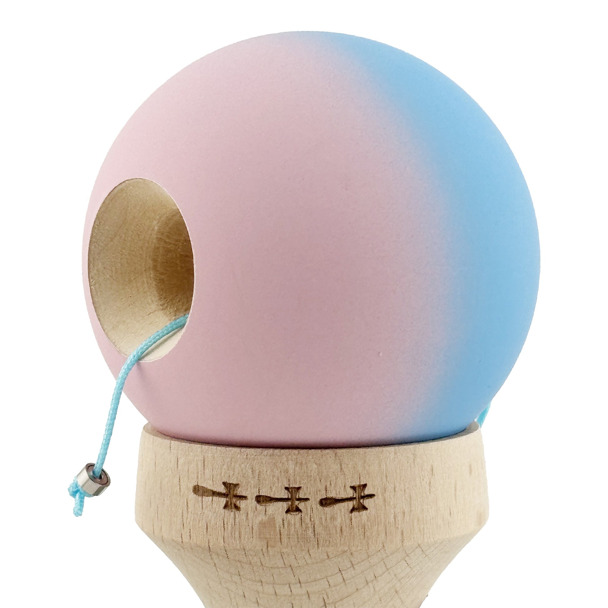 Kendama X Originala, Model V3 Albastru / Roz in Degrade, Profesionala, Cupe Mari King Size, Rubber Grip, Gaura in Baza, Rulment, Ata 62cm