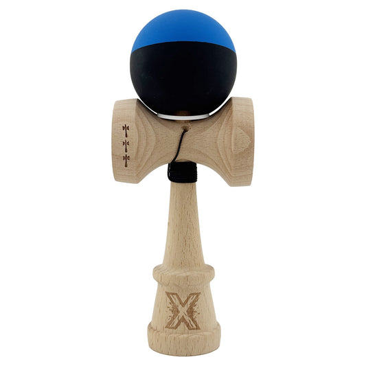 Kendama X Originala, Model V3 Albastru / Negru, Profesionala, Cupe Mari King Size, Rubber Grip, Gaura in Baza, Rulment, Ata 62cm