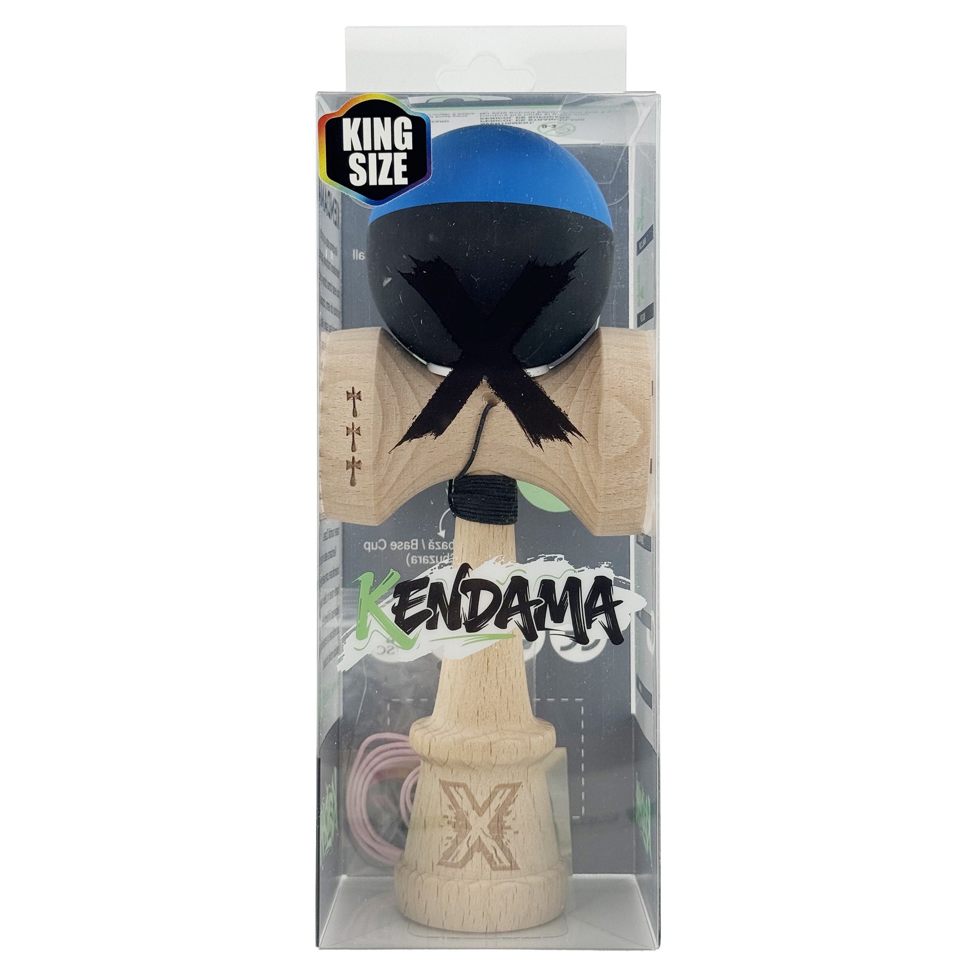Kendama X Originala, Model V3 Albastru / Negru, Profesionala, Cupe Mari King Size, Rubber Grip, Gaura in Baza, Rulment, Ata 62cm
