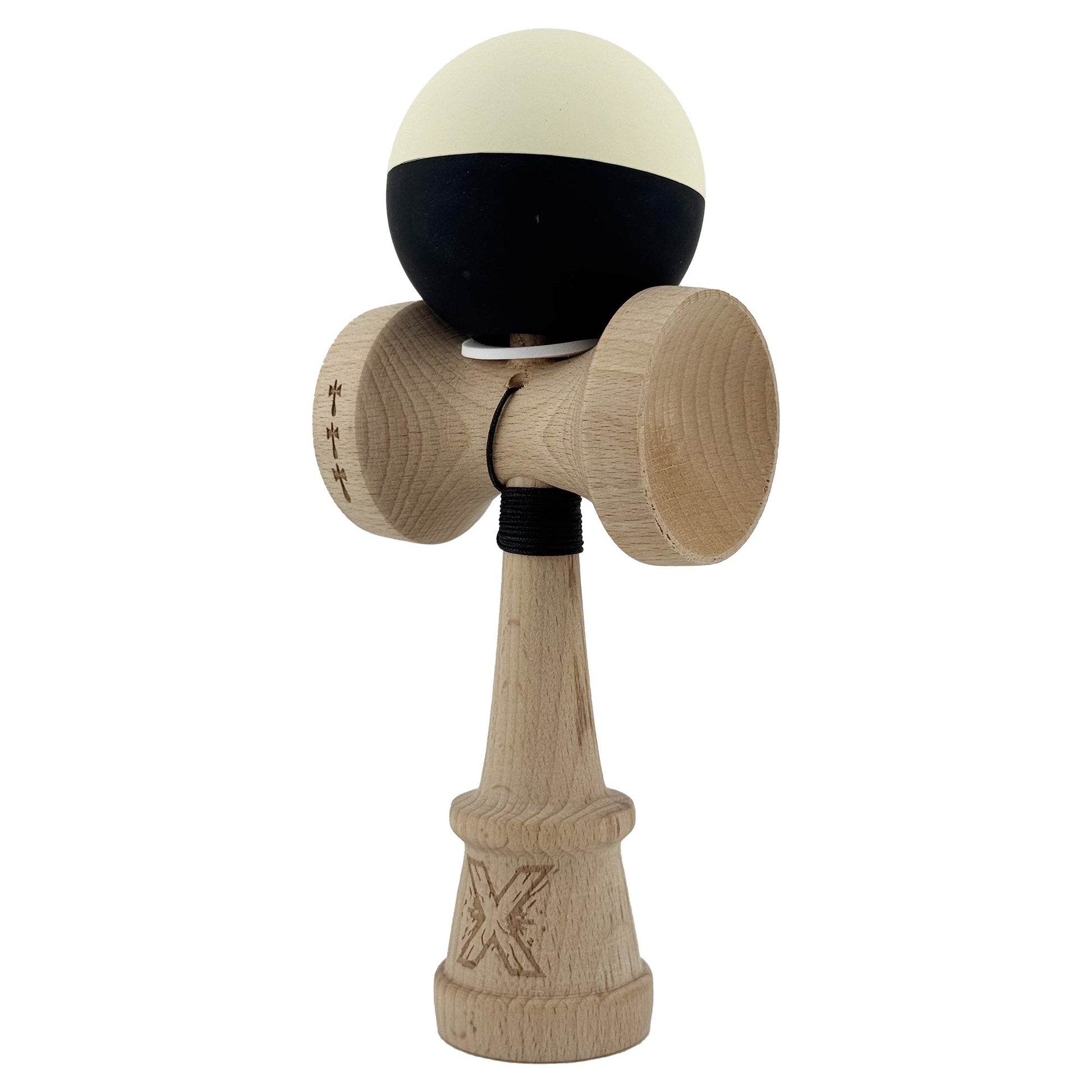 Kendama X Originala, Model V3 Galben / Negru, Profesionala, Cupe Mari King Size, Rubber Grip, Gaura in Baza, Rulment, Ata 62cm