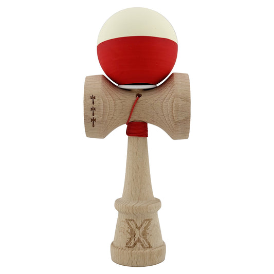 Kendama X Originala, Model V3 Galben / Rosu, Profesionala, Cupe Mari King Size, Rubber Grip, Gaura in Baza, Rulment, Ata 62cm