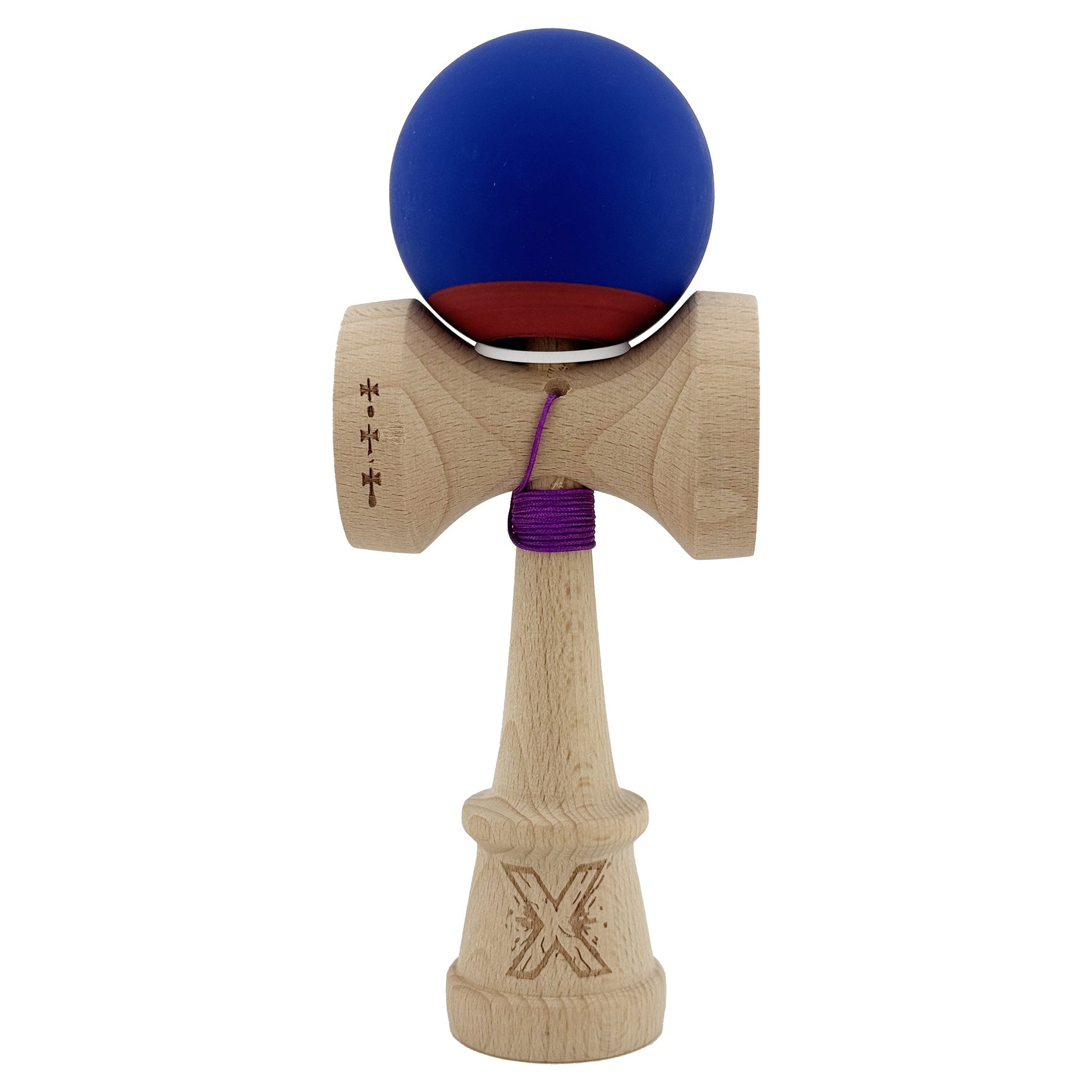 Kendama X Originala, Model V3 Albastru Inchis / Rosu, Profesionala, Cupe Mari King Size, Rubber Grip, Gaura in Baza, Rulment, Ata 62cm
