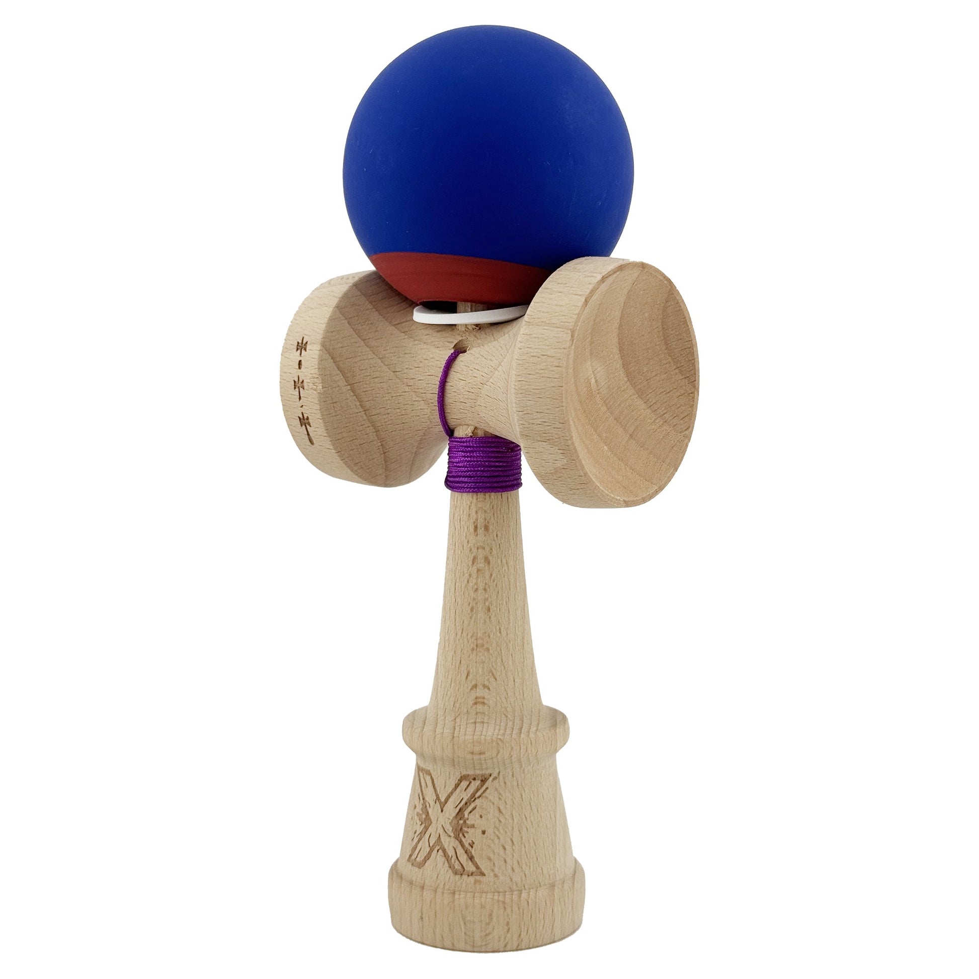 Kendama X Originala, Model V3 Albastru Inchis / Rosu, Profesionala, Cupe Mari King Size, Rubber Grip, Gaura in Baza, Rulment, Ata 62cm
