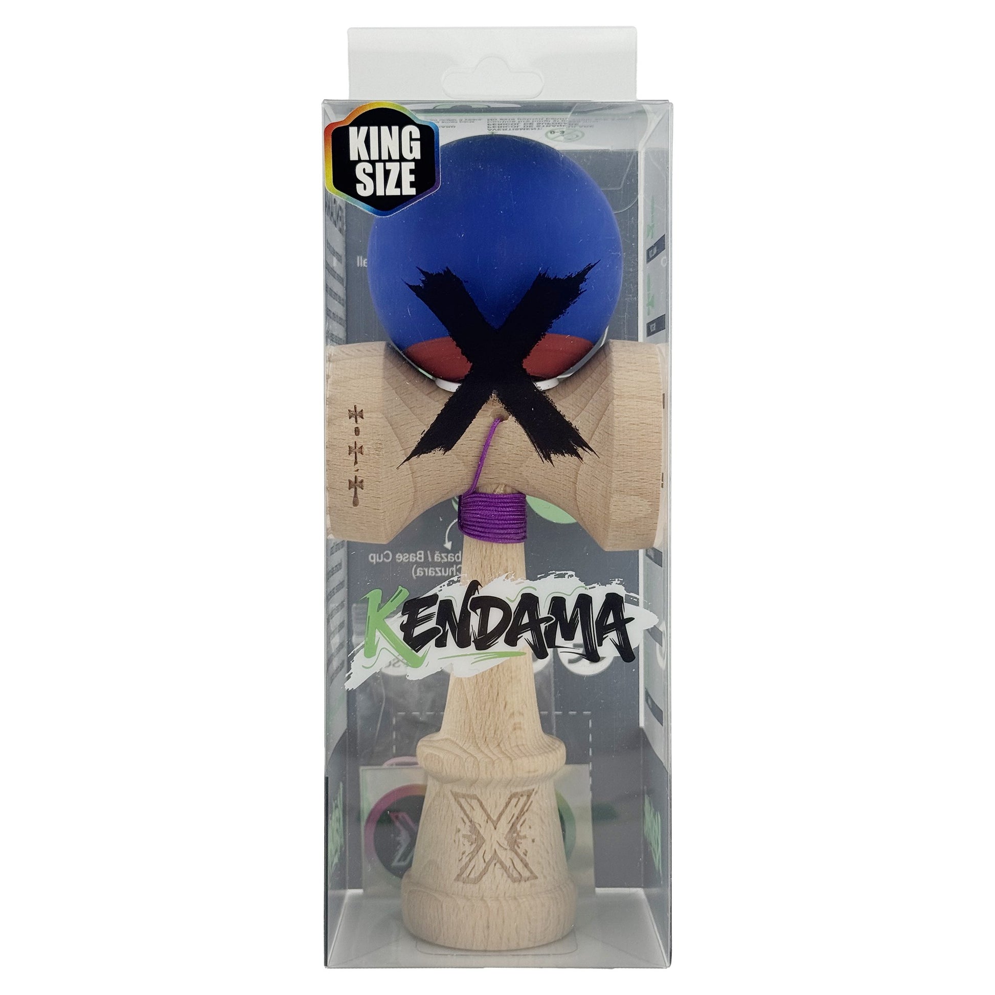Kendama X Originala, Model V3 Albastru Inchis / Rosu, Profesionala, Cupe Mari King Size, Rubber Grip, Gaura in Baza, Rulment, Ata 62cm