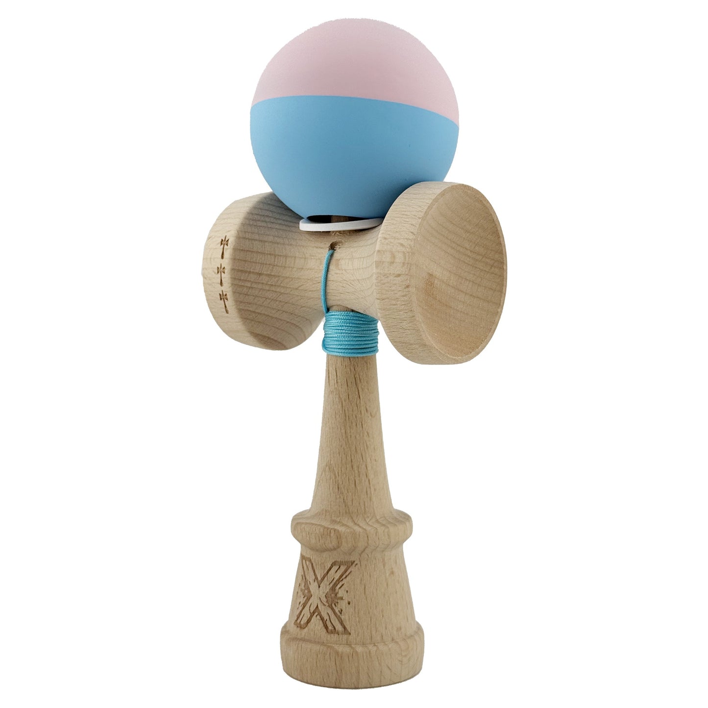 Kendama X Originala, Model V3 Roz / Bleu, Profesionala, Cupe Mari King Size, Rubber Grip, Gaura in Baza, Rulment, Ata 62cm