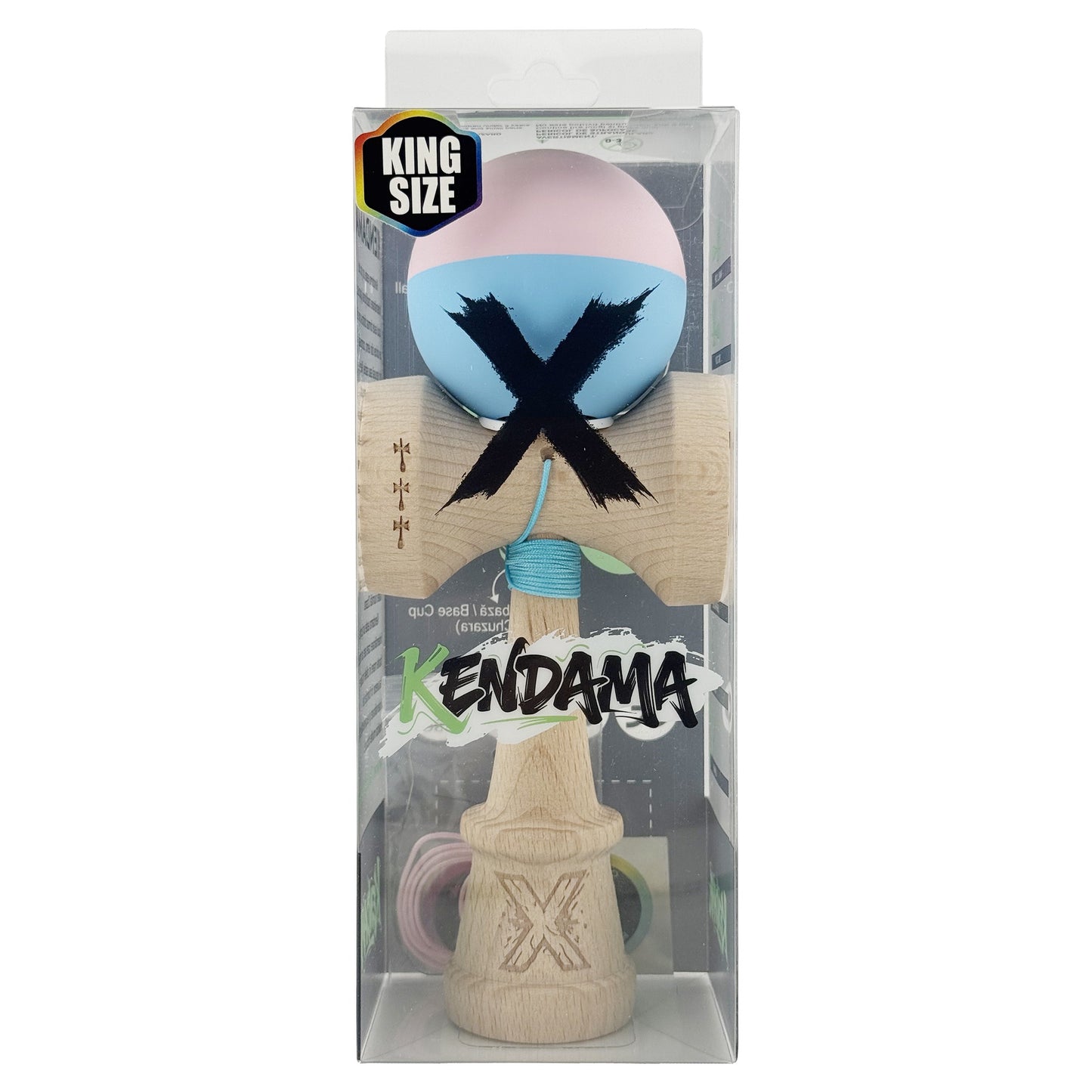 Kendama X Originala, Model V3 Roz / Bleu, Profesionala, Cupe Mari King Size, Rubber Grip, Gaura in Baza, Rulment, Ata 62cm
