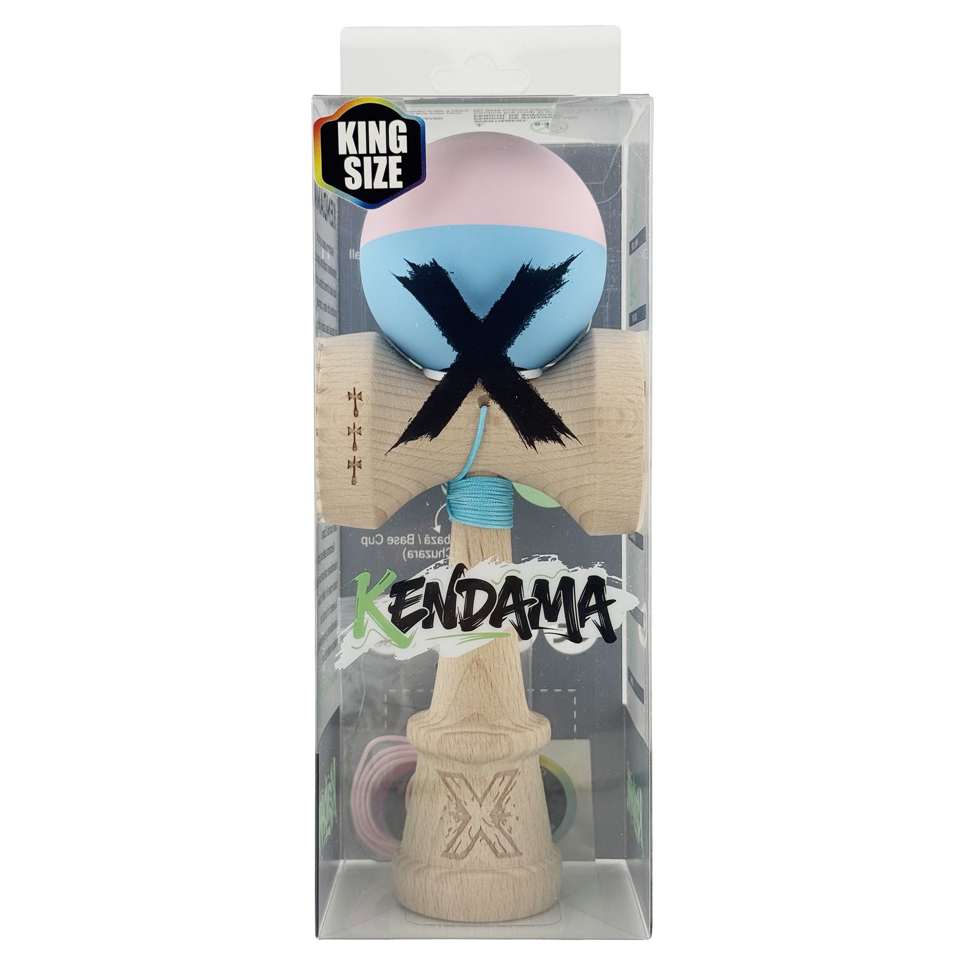 Kendama X Originala, Model V3 Roz / Bleu, Profesionala, Cupe Mari King Size, Rubber Grip, Gaura in Baza, Rulment, Ata 62cm