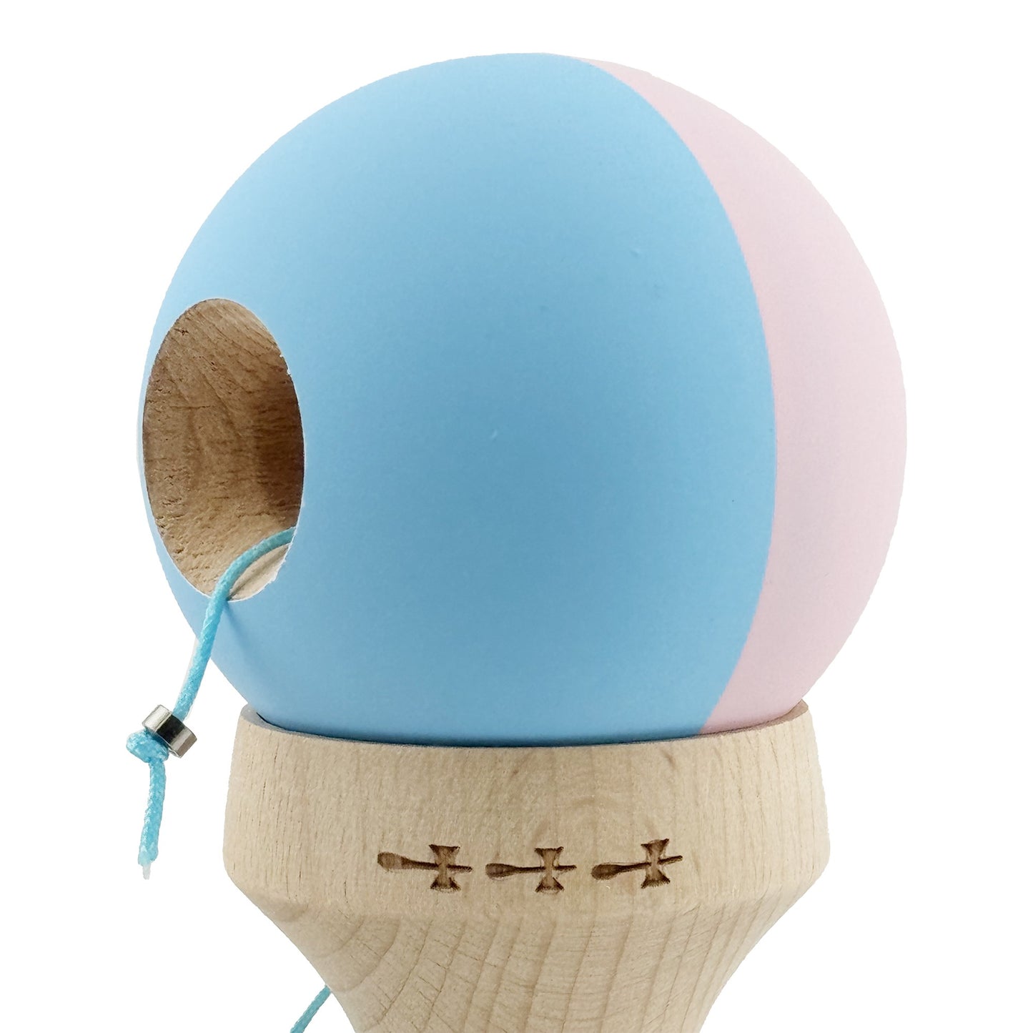 Kendama X Originala, Model V3 Roz / Bleu, Profesionala, Cupe Mari King Size, Rubber Grip, Gaura in Baza, Rulment, Ata 62cm