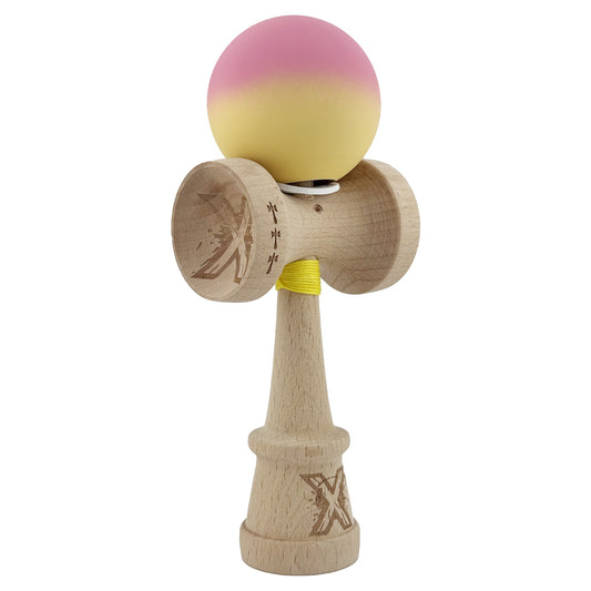 Kendama X Originala, Model V3 Roz / Galben in Degrade, Profesionala, Cupe Mari King Size, Rubber Grip, Gaura in Baza, Rulment, Ata 62cm
