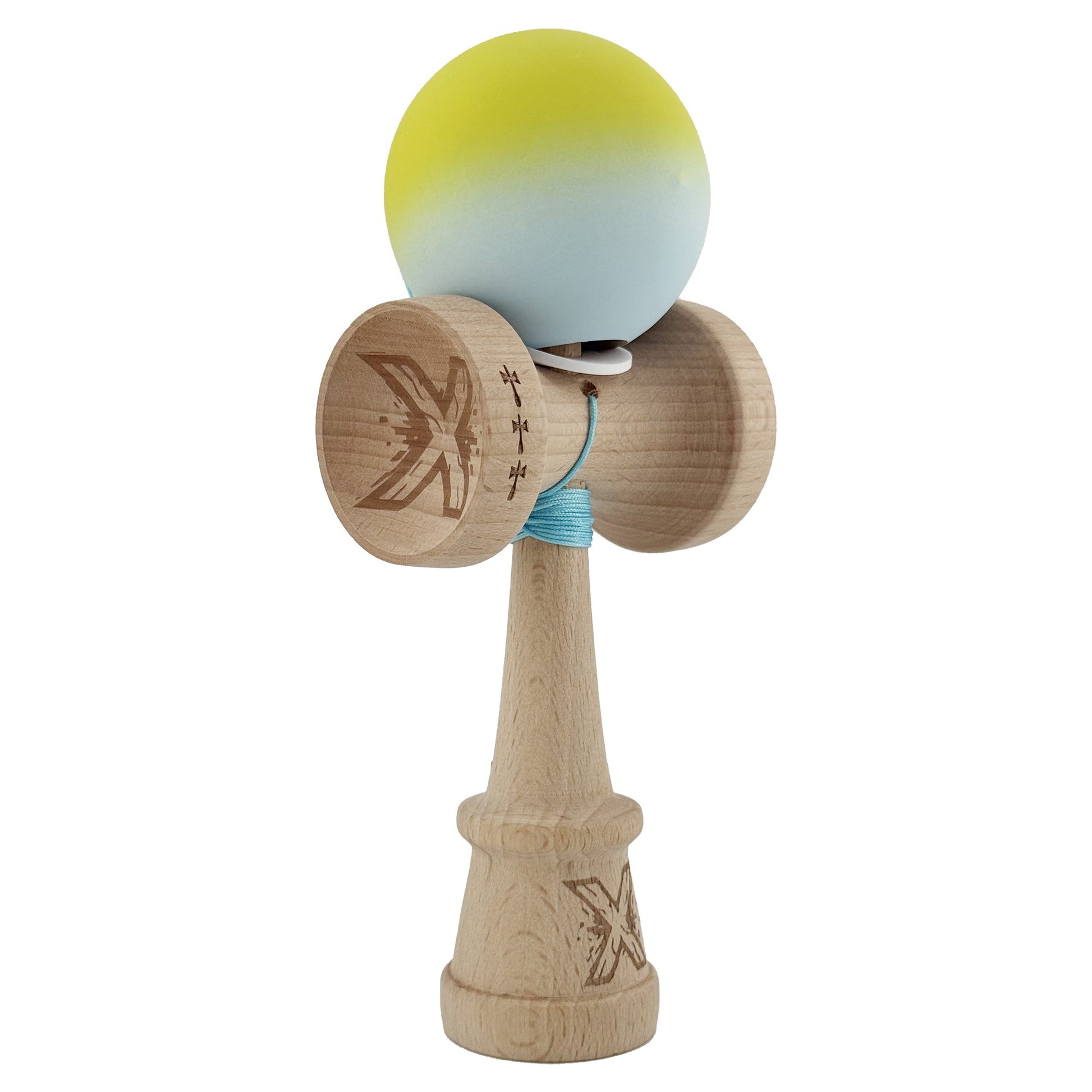 Kendama X Originala, Model V3 Galben / Verde Deschis in Degrade, Profesionala, Cupe Mari King Size, Rubber Grip, Gaura in Baza, Rulment, Ata 62cm