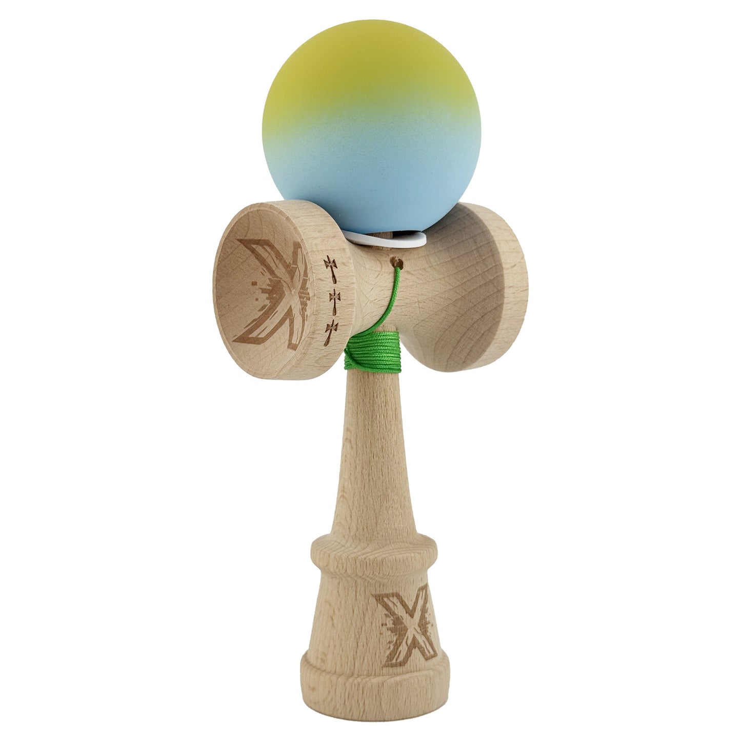 Kendama X Originala, Model V3 Galben/Albastru Deschis in Degrade, Profesionala, Cupe Mari King Size, Rubber Grip, Gaura in Baza, Rulment, Ata 62cm