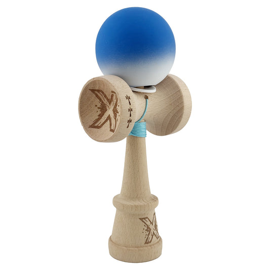 Kendama X Originala, Model V3 Albastru / Alb in Degrade, Profesionala, Cupe Mari King Size, Rubber Grip, Gaura in Baza, Rulment, Ata 62cm