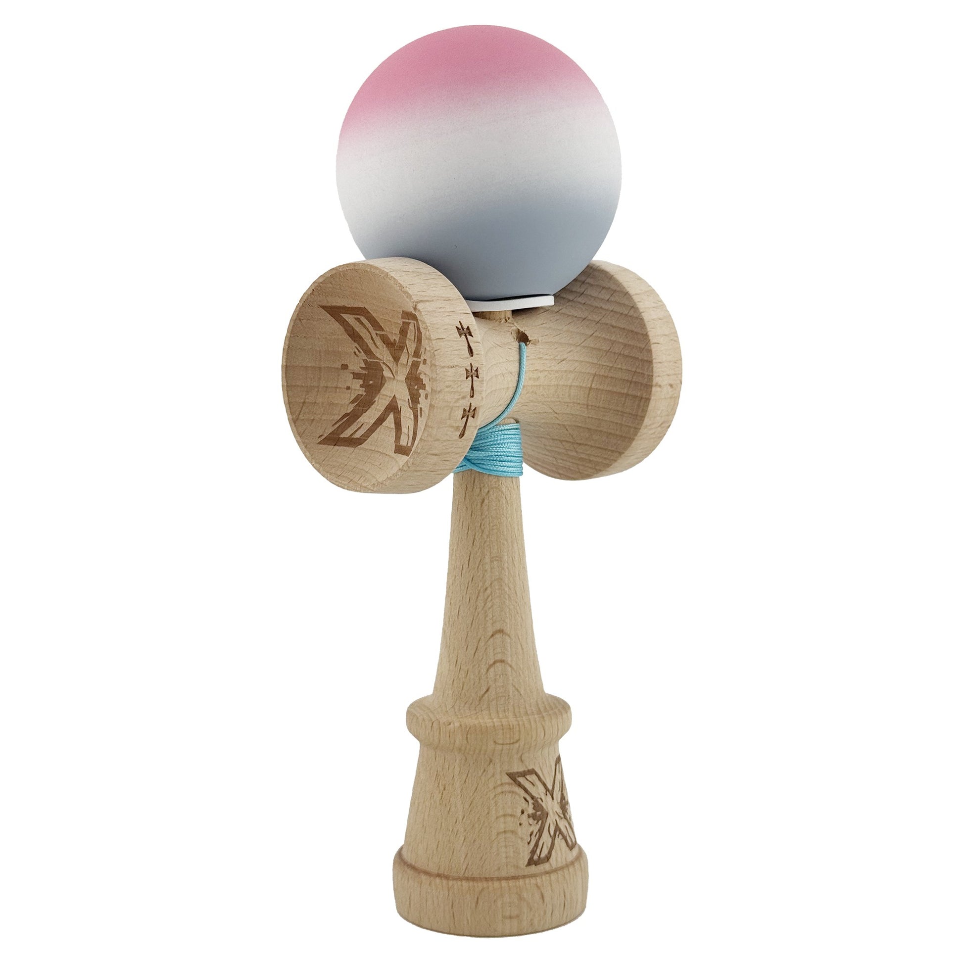 Kendama X Originala, Model V3 Roz / Alb / Gri in Degrade, Profesionala, Cupe Mari King Size, Rubber Grip, Gaura in Baza, Rulment, Ata 62cm