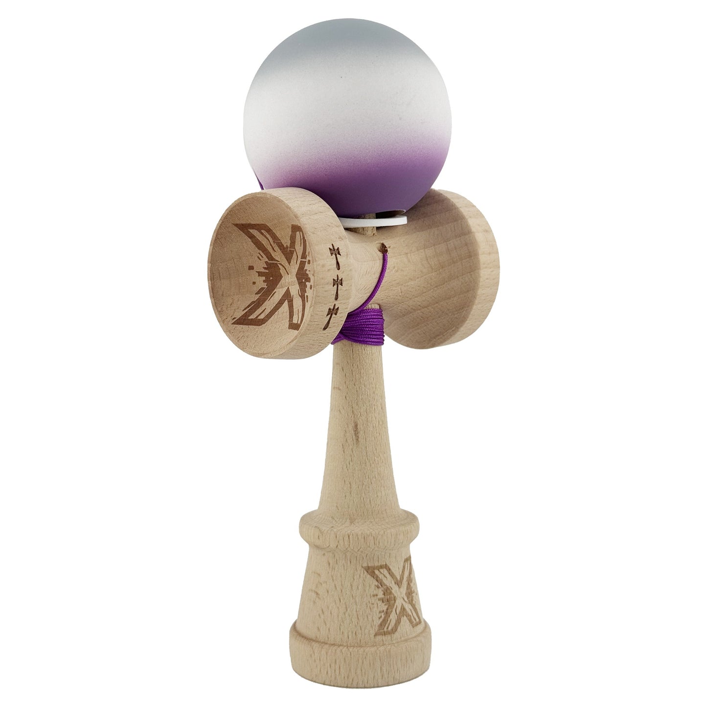 Kendama X Originala, Model V3 Gri / Alb / Mov in Degrade, Profesionala, Cupe Mari King Size, Rubber Grip, Gaura in Baza, Rulment, Ata 62cm