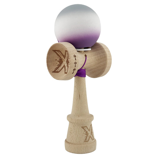 Kendama X Originala, Model V3 Gri / Alb / Mov in Degrade, Profesionala, Cupe Mari King Size, Rubber Grip, Gaura in Baza, Rulment, Ata 62cm