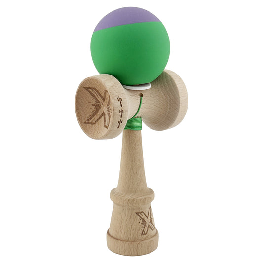 Kendama X Originala, Model V3 Mov / Verde, Profesionala, Cupe Mari King Size, Rubber Grip, Gaura in Baza, Rulment, Ata 62cm