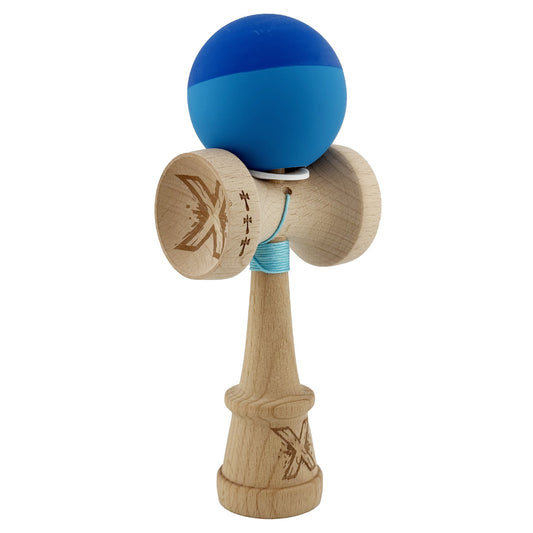Kendama X Originala, Model V3 Albastru Inchis / Albastru, Profesionala, Cupe Mari King Size, Rubber Grip, Gaura in Baza, Rulment, Ata 62cm