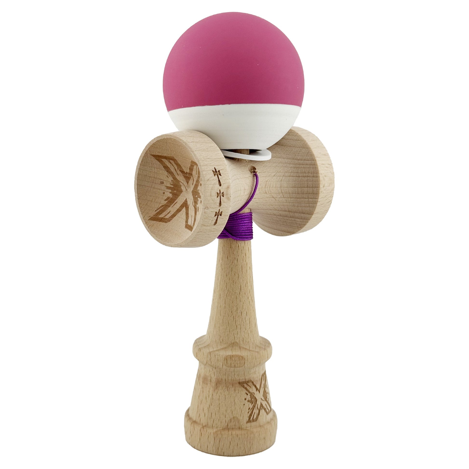 Kendama X Originala, Model V3 Roz / Alb, Profesionala, Cupe Mari King Size, Rubber Grip, Gaura in Baza, Rulment, Ata 62cm