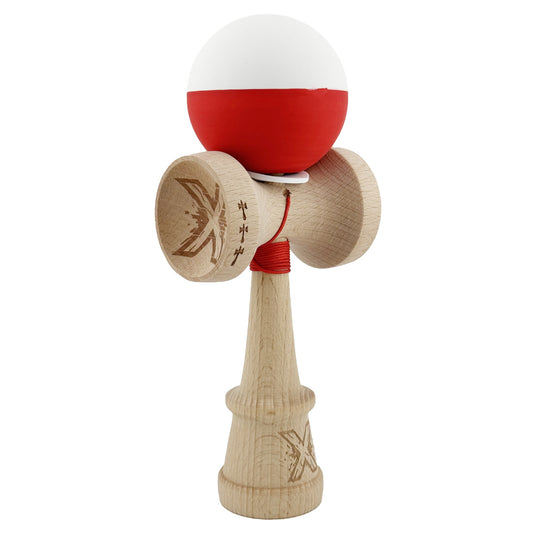 Kendama X Originala, Model V3 Alb / Rosu, Profesionala, Cupe Mari King Size, Rubber Grip, Gaura in Baza, Rulment, Ata 62cm