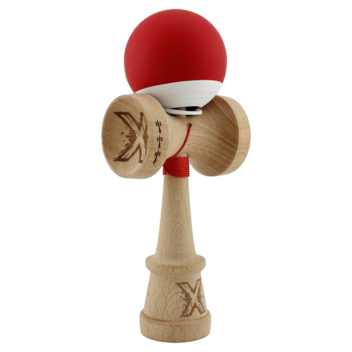 Kendama X Originala, Model V3 Rosu / Alb, Profesionala, Cupe Mari King Size, Rubber Grip, Gaura in Baza, Rulment, Ata 62cm