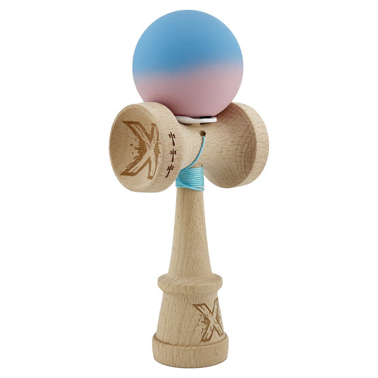 Kendama X Originala, Model V3 Albastru / Roz in Degrade, Profesionala, Cupe Mari King Size, Rubber Grip, Gaura in Baza, Rulment, Ata 62cm
