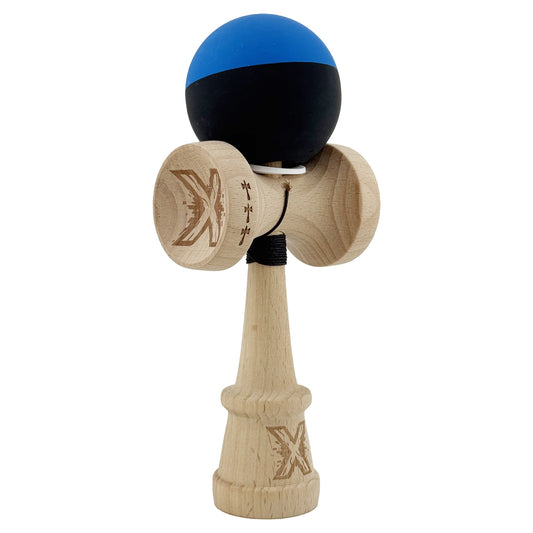 Kendama X Originala, Model V3 Albastru / Negru, Profesionala, Cupe Mari King Size, Rubber Grip, Gaura in Baza, Rulment, Ata 62cm
