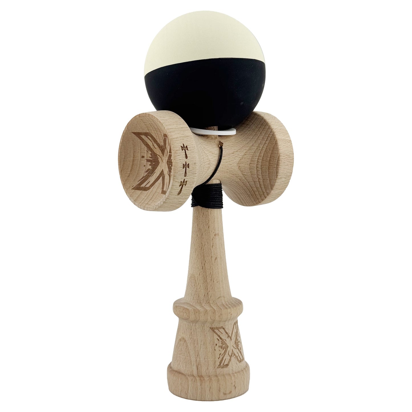 Kendama X Originala, Model V3 Galben / Negru, Profesionala, Cupe Mari King Size, Rubber Grip, Gaura in Baza, Rulment, Ata 62cm