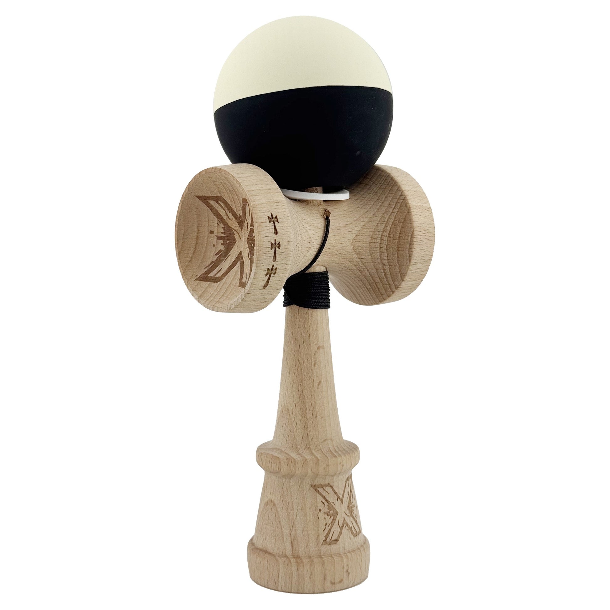 Kendama X Originala, Model V3 Galben / Negru, Profesionala, Cupe Mari King Size, Rubber Grip, Gaura in Baza, Rulment, Ata 62cm