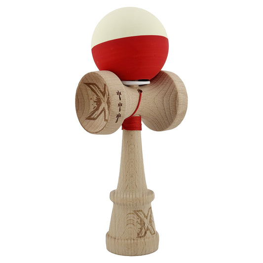 Kendama X Originala, Model V3 Galben / Rosu, Profesionala, Cupe Mari King Size, Rubber Grip, Gaura in Baza, Rulment, Ata 62cm
