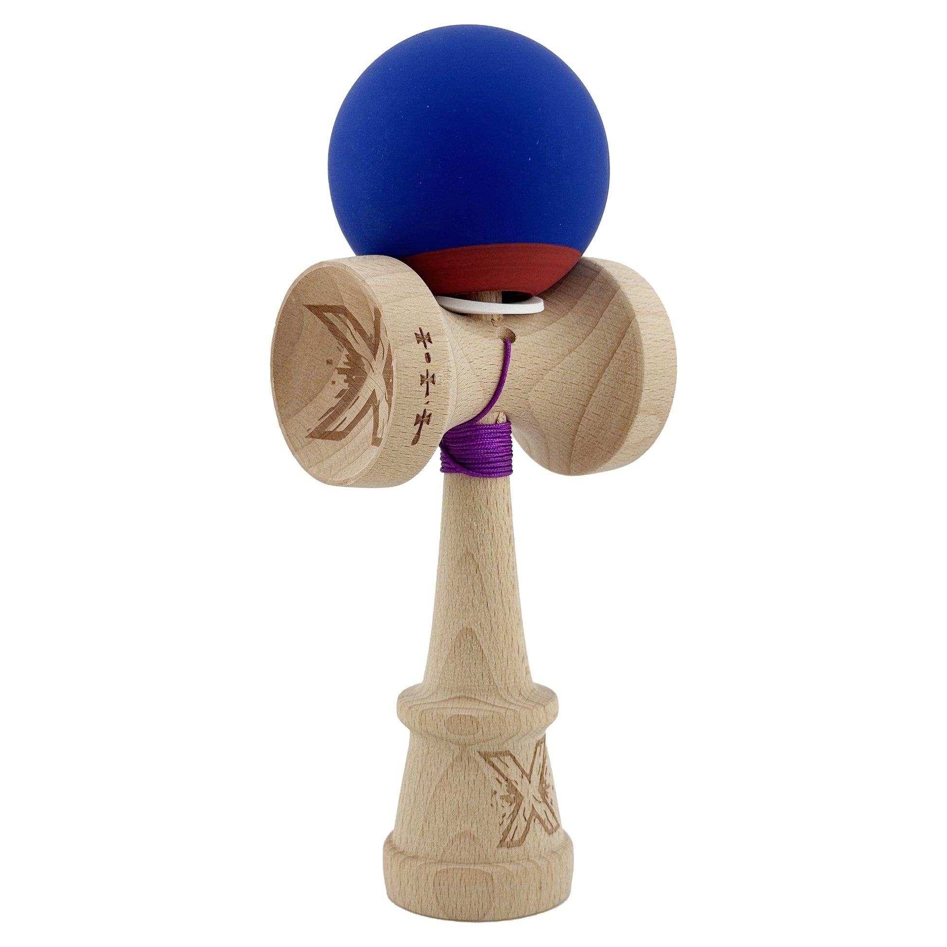 Kendama X Originala, Model V3 Albastru Inchis / Rosu, Profesionala, Cupe Mari King Size, Rubber Grip, Gaura in Baza, Rulment, Ata 62cm