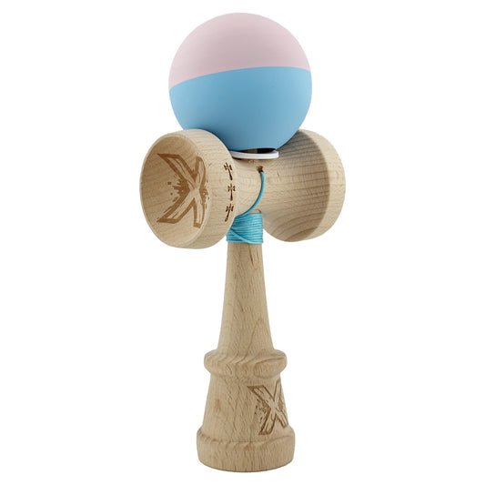 Kendama X Originala, Model V3 Roz / Bleu, Profesionala, Cupe Mari King Size, Rubber Grip, Gaura in Baza, Rulment, Ata 62cm