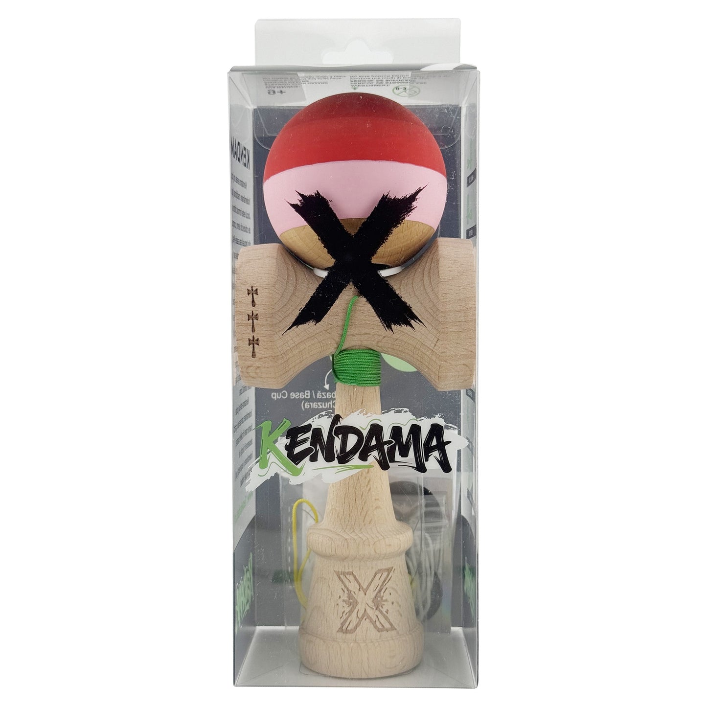 Kendama X Originala, Model V3 Rosu / Roz / Natur, Profesionala, Cupe Mari King Size, Rubber Grip, Gaura in Baza, Rulment, Ata 62cm